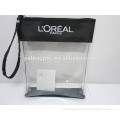 Clear PVC Plastic cosmetic bag with 600D polyester piping and long Handle